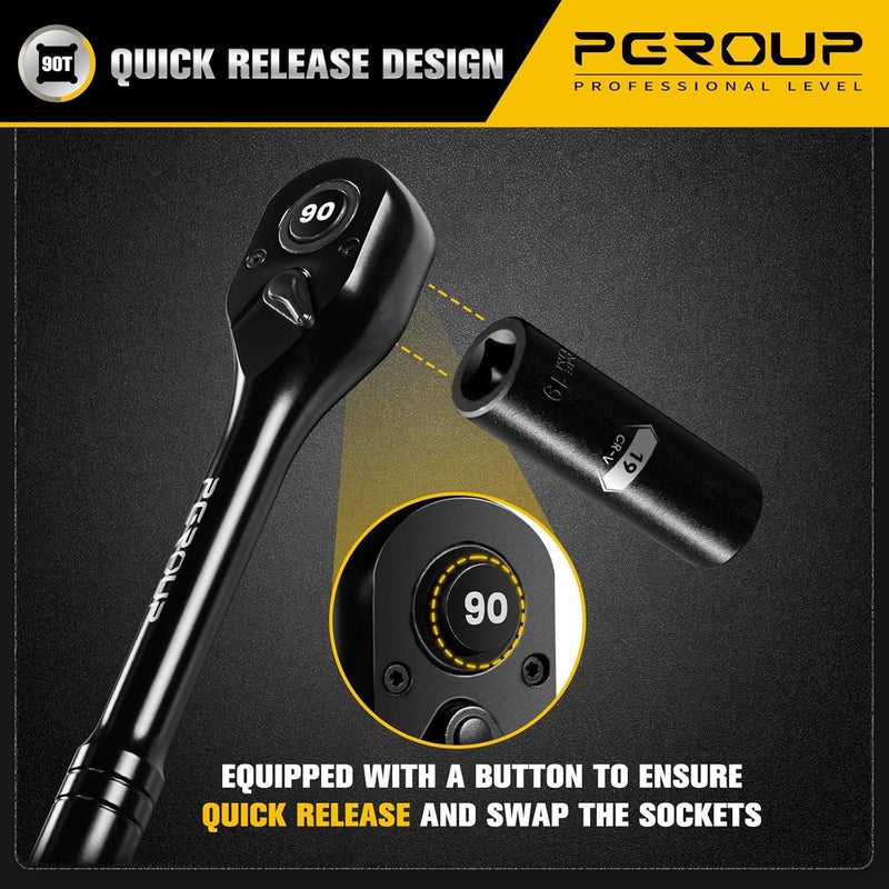 pgroup 3-Piece 90 Tooth Ratchet Wrench Set, 1/4”, 3/8”, 1/2” Drive Reversible Ratchets, 4-Degree Swing, Ergonomic Handle, Chrome Alloy Made, Quick Release Ratchet Wrenches for Repairing, Home, DIY - Image 4